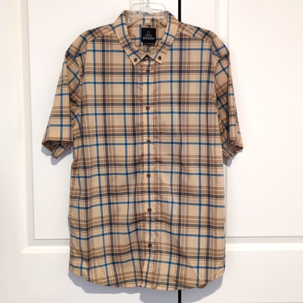 Prana Men's XL Plaid Button Down Short Sleeve Shirt Casual -325